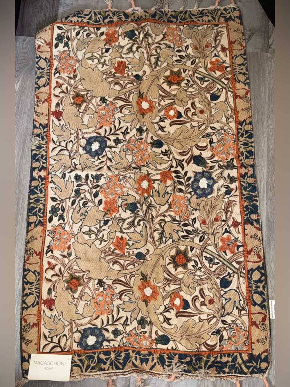 Magaschoni Beige Floral Tapestry Door Mat with Blue and Orange Accents